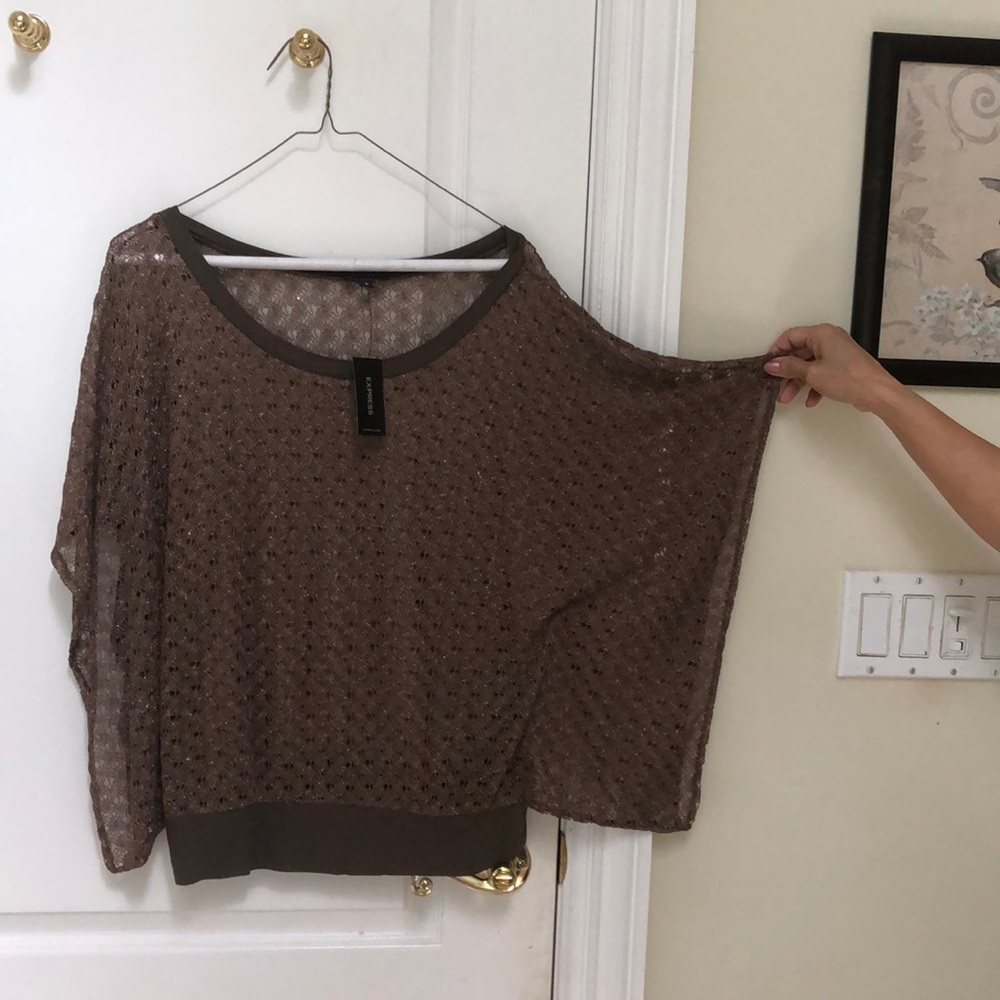 Brown/gold sweater top with fish net like fabric.